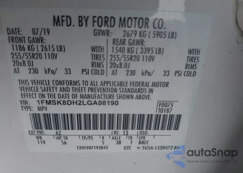 2020 Ford Explorer Xlt z USA, uszkodzony, nr VIN 1FMSK8DH2LGA08190